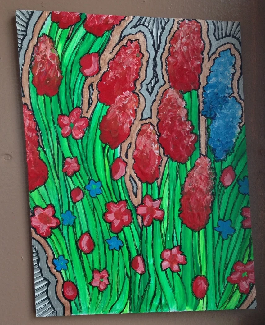  Painted on scrap wood. About 8.5 x 11. 