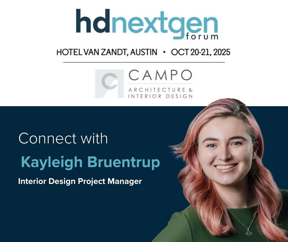 Campo’s Kayleigh Bruentrup is headed to Austin, Texas for the @hospitalitydesign Next Gen Forum! We’re excited to see her representing the next generation of design leadership.
If you’ll be there too, be sure to say hello and connec