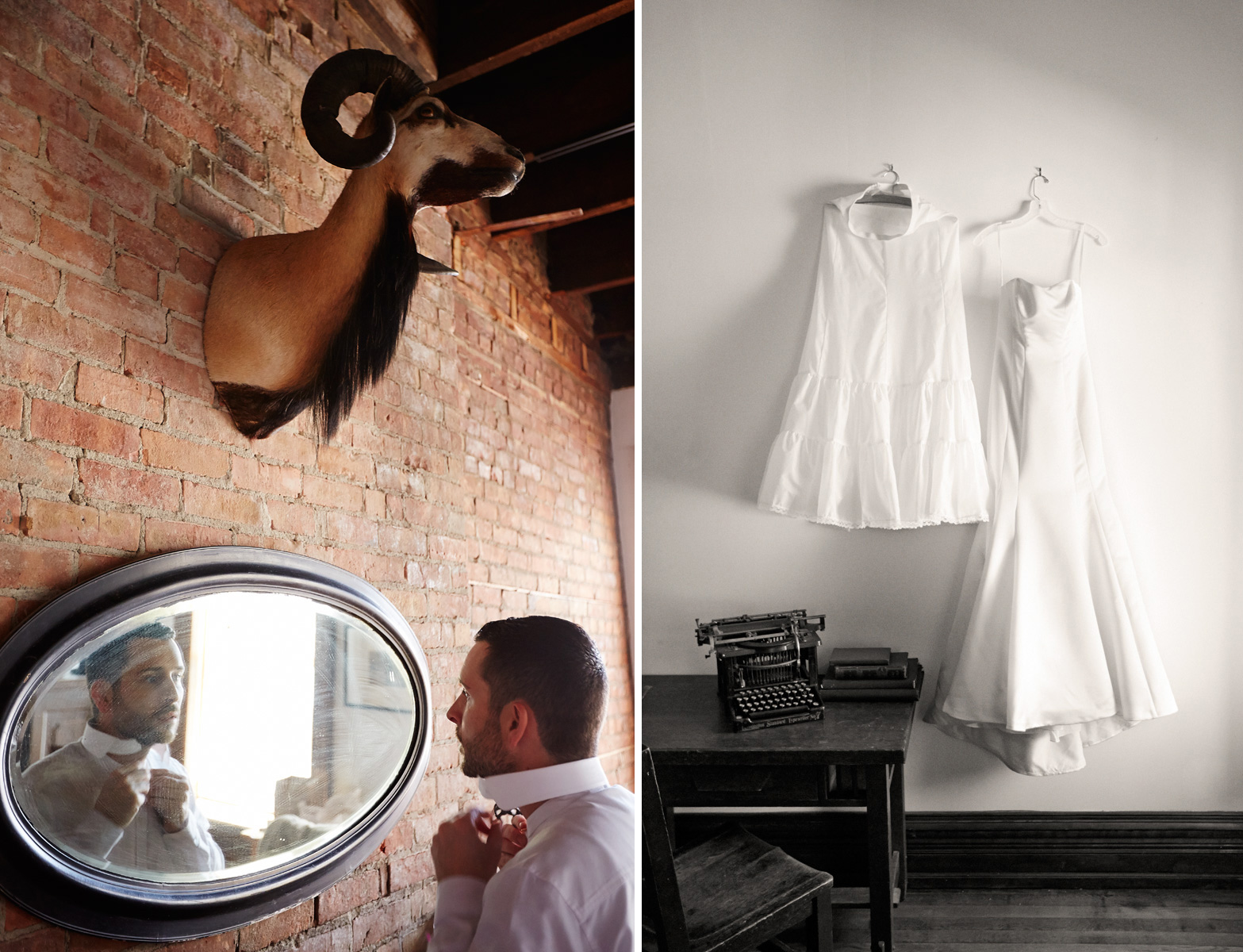 Joe adjusts his tie in the Bowler Suite. Dresses hang in the Petite Chapeaux