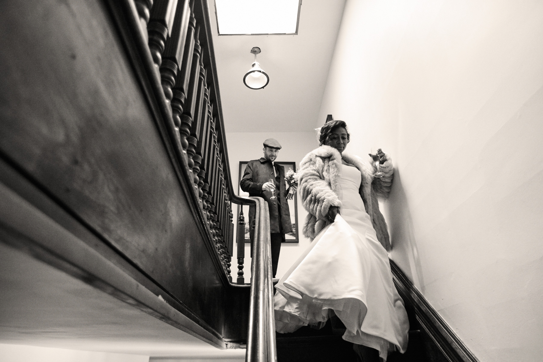 Descending the staircase from the Top Hat and Bowler suites.