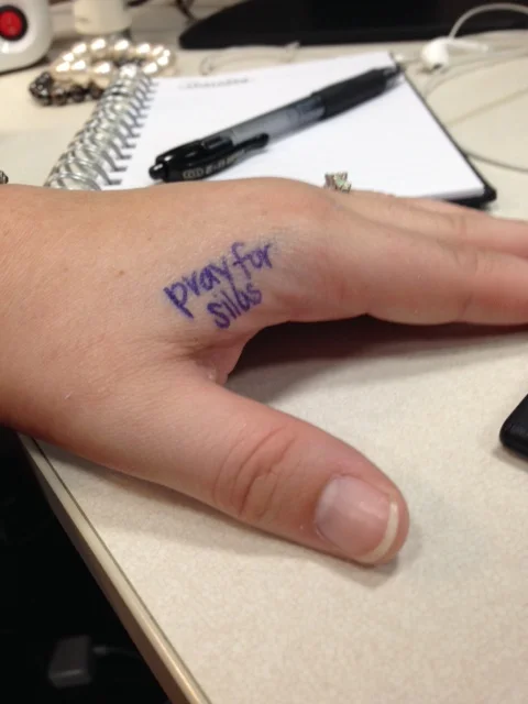 I don't have a Super Silas shirt, but I made a reminder to pray for Silas every time I look down at my hand today.