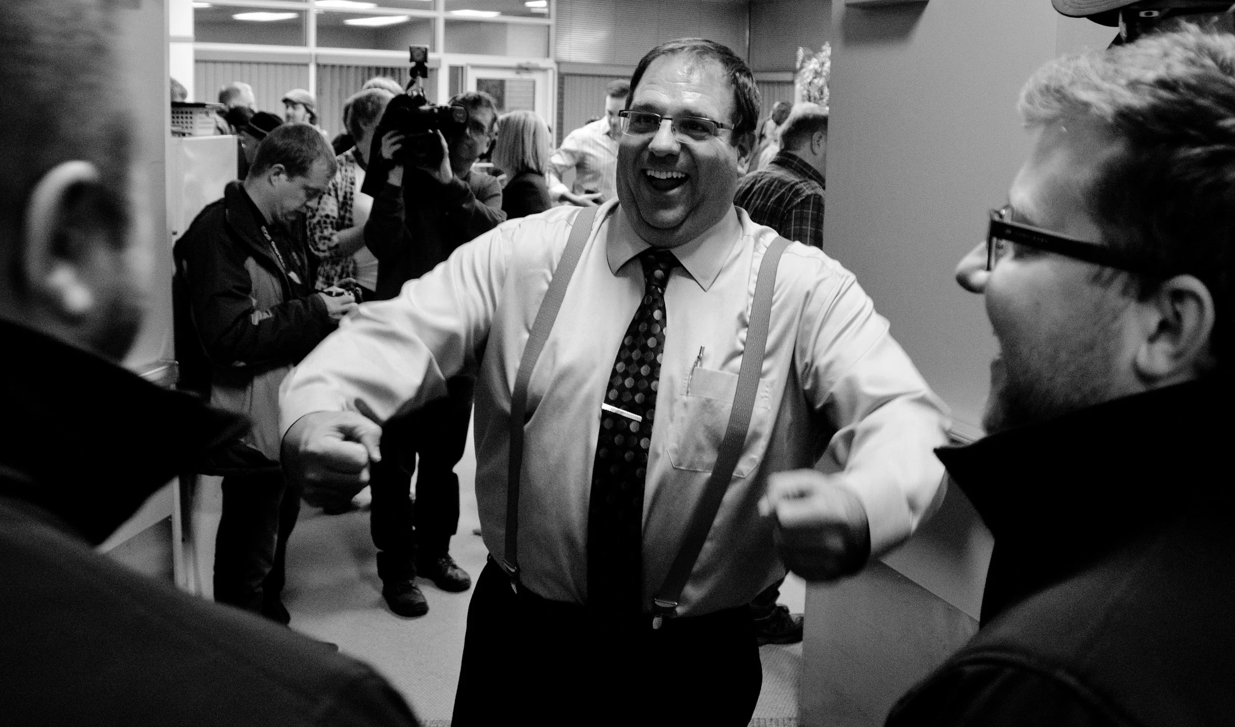 Aalbers was feeling fairly happy as well. Here, he gestures while speaking to attendees outside the front doors of the room rented in the Legacy Centre by his campaign.