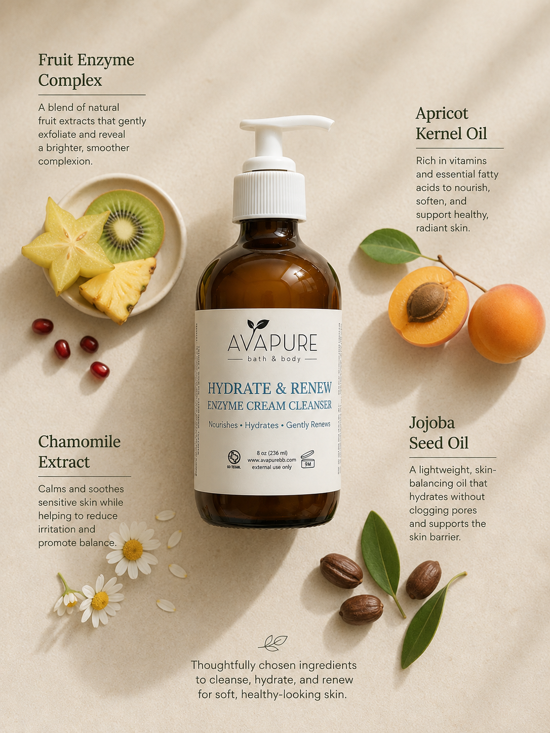 Avapure Hydrate + Renew Enzyme Cream Cleanser with fruit enzymes, apricot oil, jojoba oil, and chamomile for radiant skin.