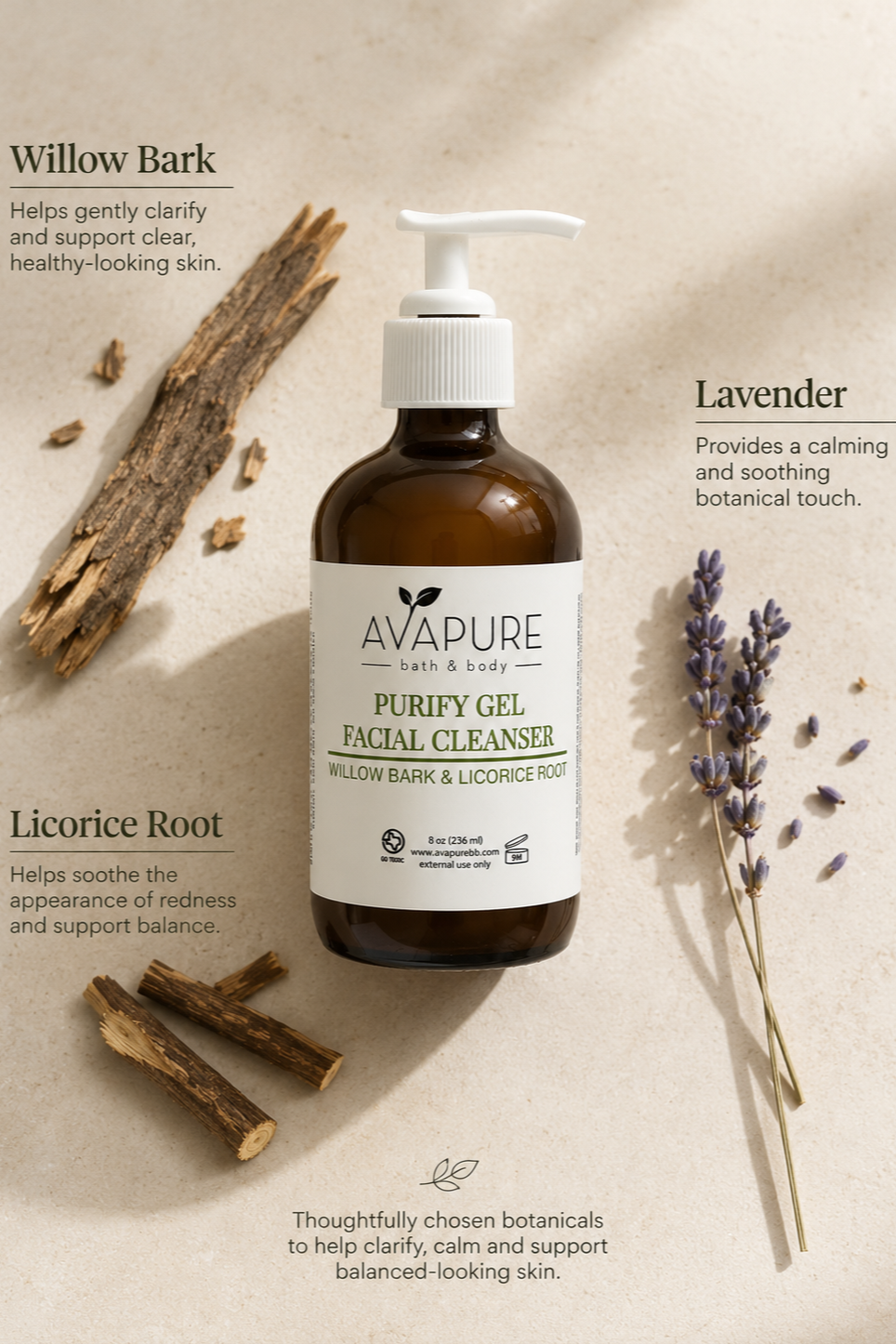 Avapure Purify Gel Clenaser with licorice root, willow bark, and lavender botanicals for clearer, balanced skin.
