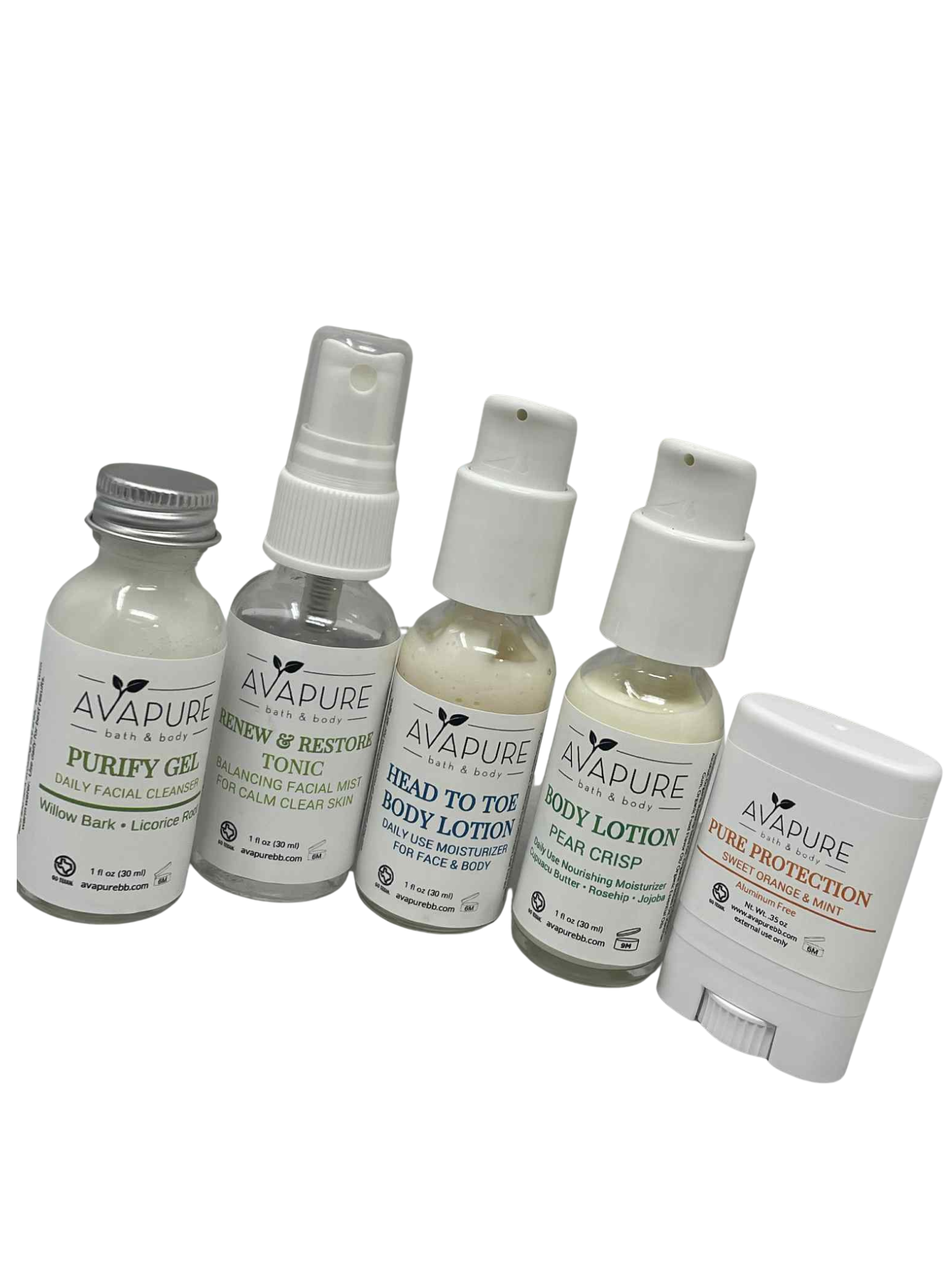 Avapure travel set containing 5 products, cleanser, facial tonic, body lotion, body lotion and deodorant