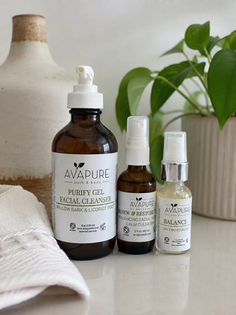Avapure acne care bundle for oily skin with purify gel cleanser, renew and restore facial tonic and balance moisturizer