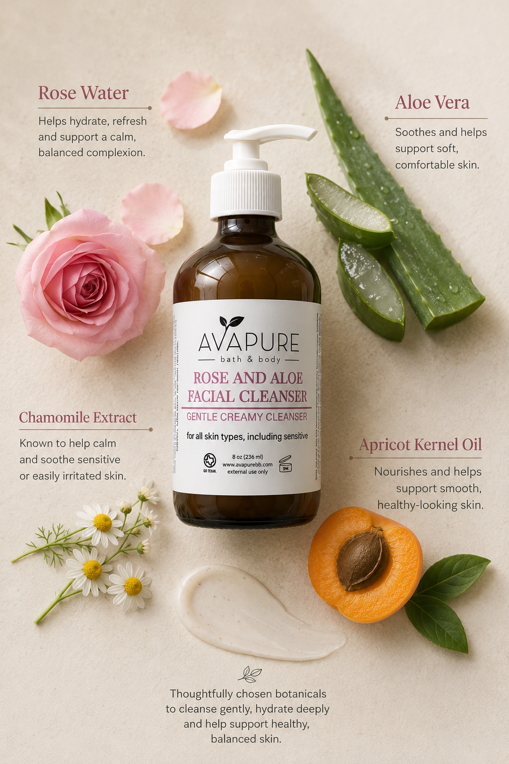 Avapure Calm + Restore Cream Cleanser with rose water, aloe vera, chamomile, and apricot oil to soothe sensitive skin.