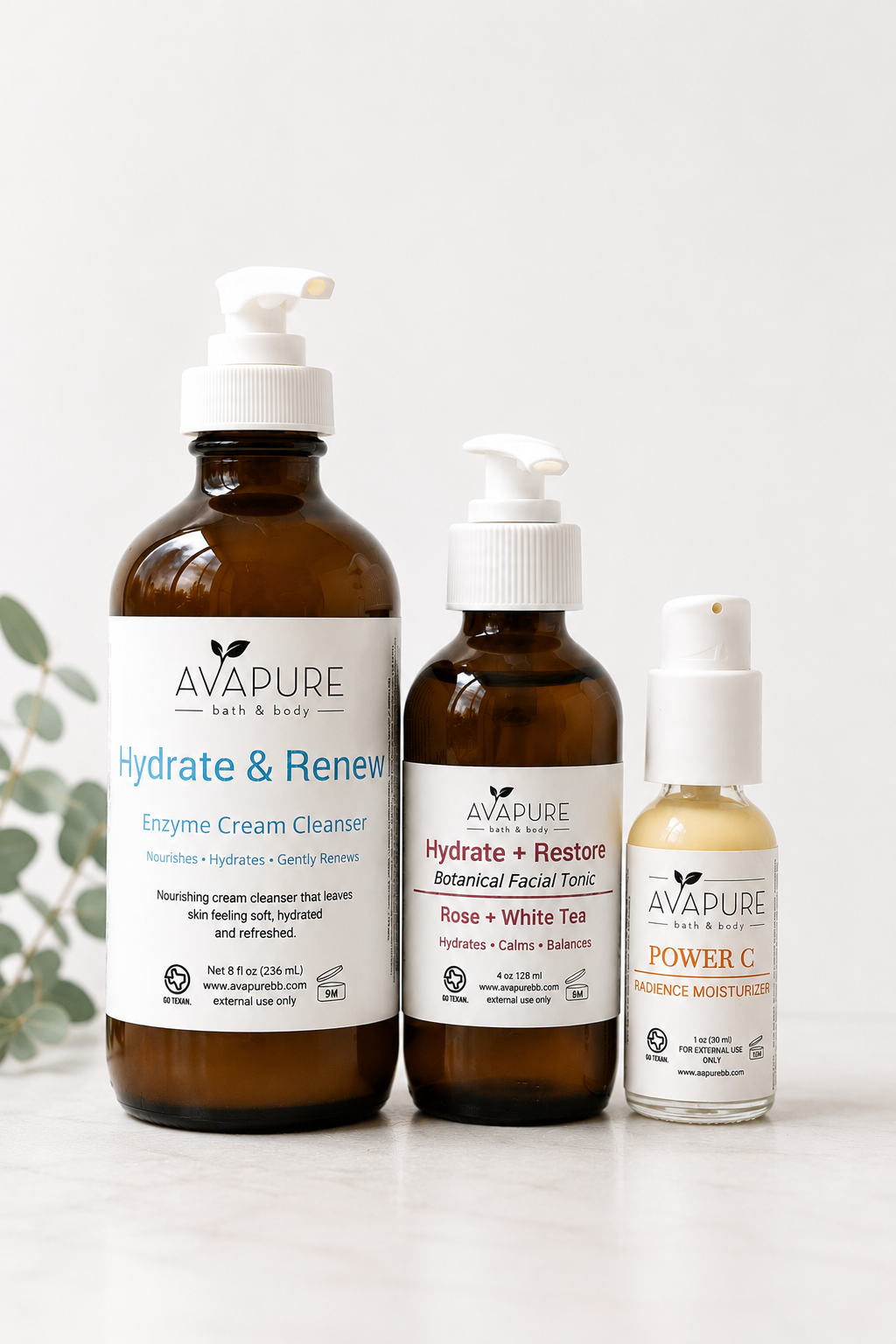 Hydrating skincare set with botanical facial cleanser, Rose and White Tea facial tonic, and vitamin c moisturizer for dry, mature, and sensitive skin