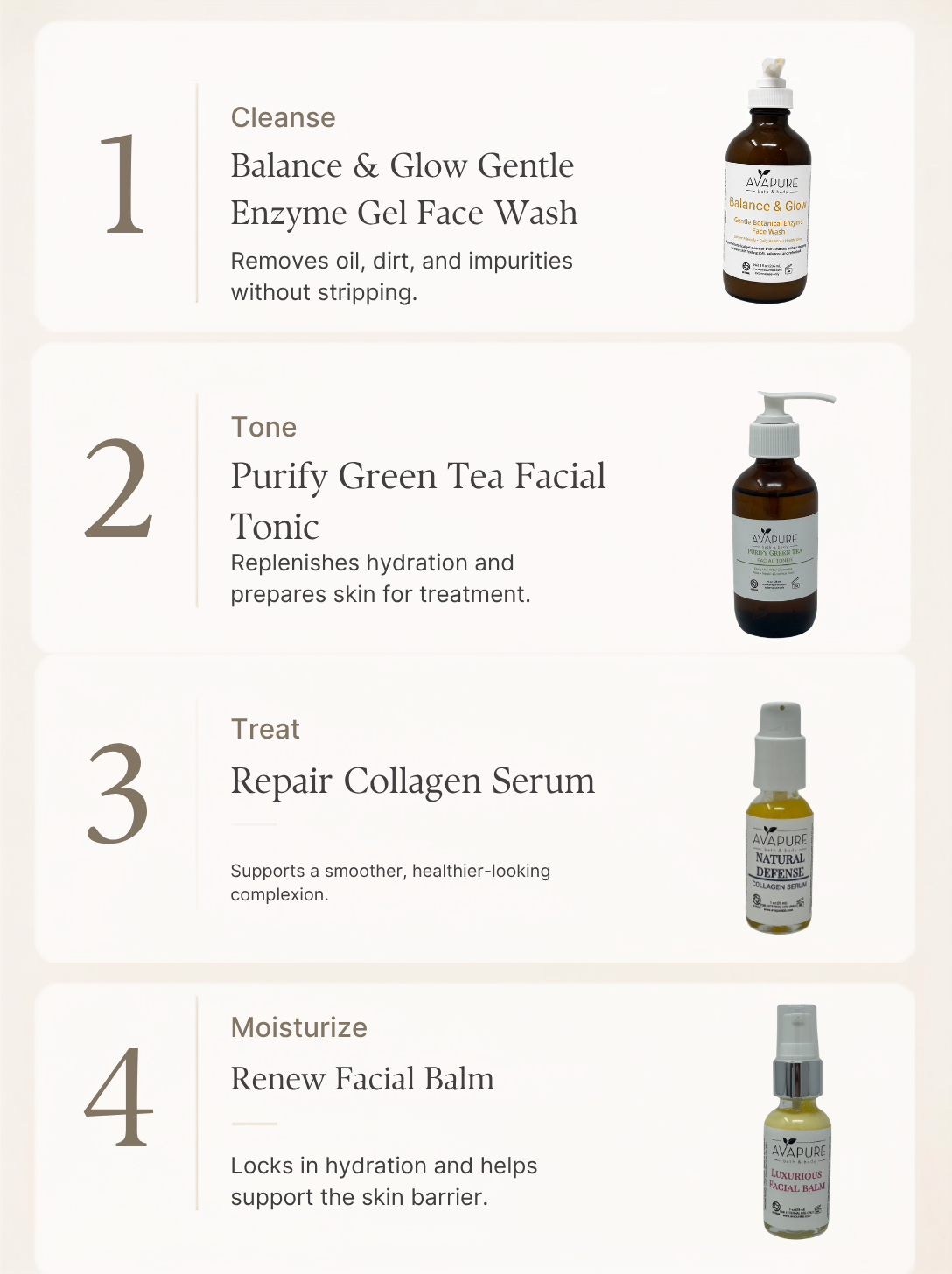 Set of four Avapure products for normal, balanced skin. Balance and Glow Enzyme cleanser, Green Tea toner, Collagen Serum, Renew Facial Balm
