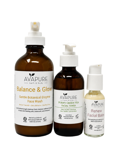 Skincare bundle for combination / balanced skin with three products. Enzyme gel cleanser, green tea toner, renew facial balm