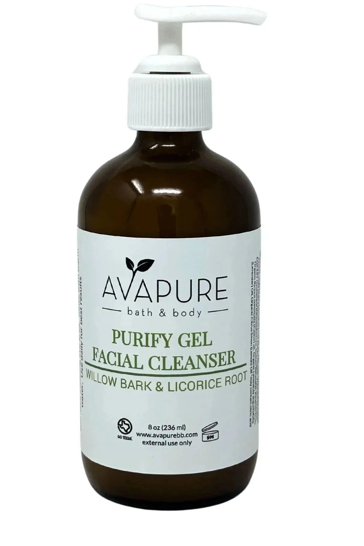Avapure Purify Gel Cleanser acne and oil control face wash in an amber glass bottle for oily and acne prone skin.