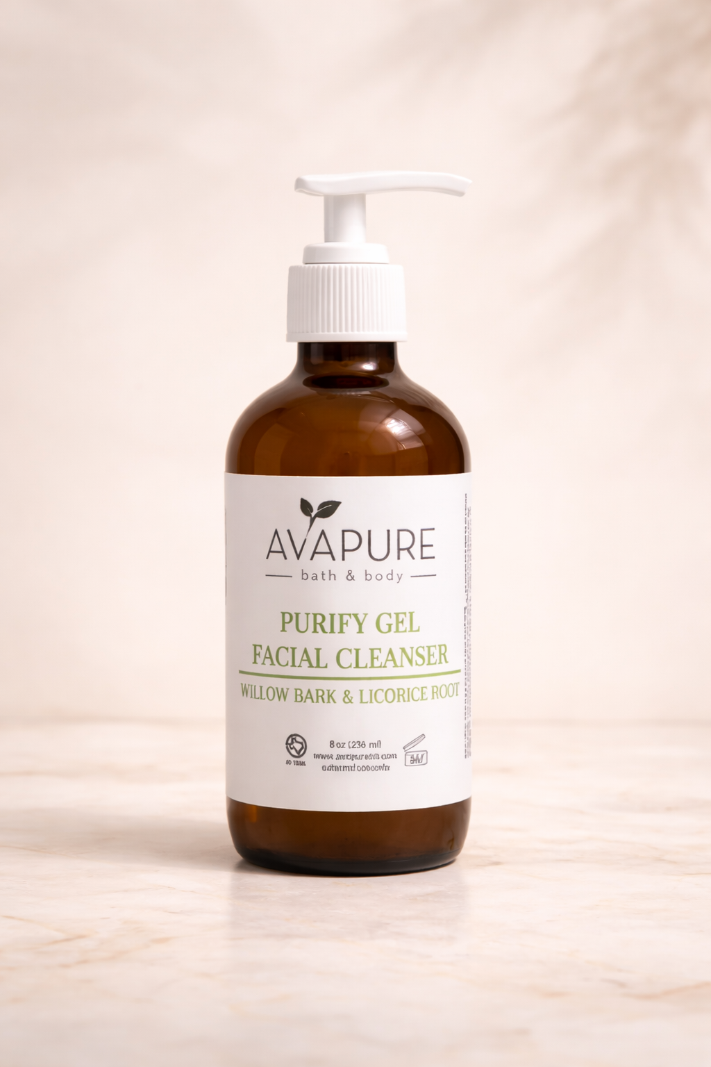 Avapure Purify Gel Cleanser plant-based acne and oil control face wash in an amber glass bottle on a neutral background.