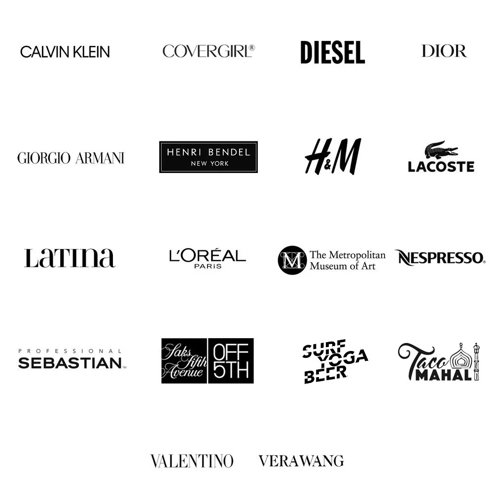 Client logos including Calvin Klein, CoverGirl, Diesel, Dior, Giorgio Armani, H and M, Henri Bendel, Lacoste, Latina, L’Oréal Paris, The Metropolitan Museum of Art, Nespresso, Saks OFF 5TH, Sebastian Professional, Surf Yoga Beer, Taco Mahal, Valentino, and Vera Wang.