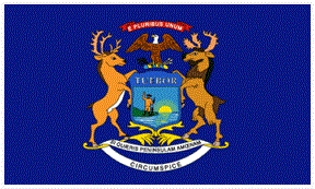 Michigan flag includes our motto (at the bottom), water, a sunset (or sunrise), and some antlered animals (we do a lot of hunting).