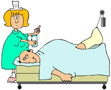 Patient in a hospital bed with a leg in traction.