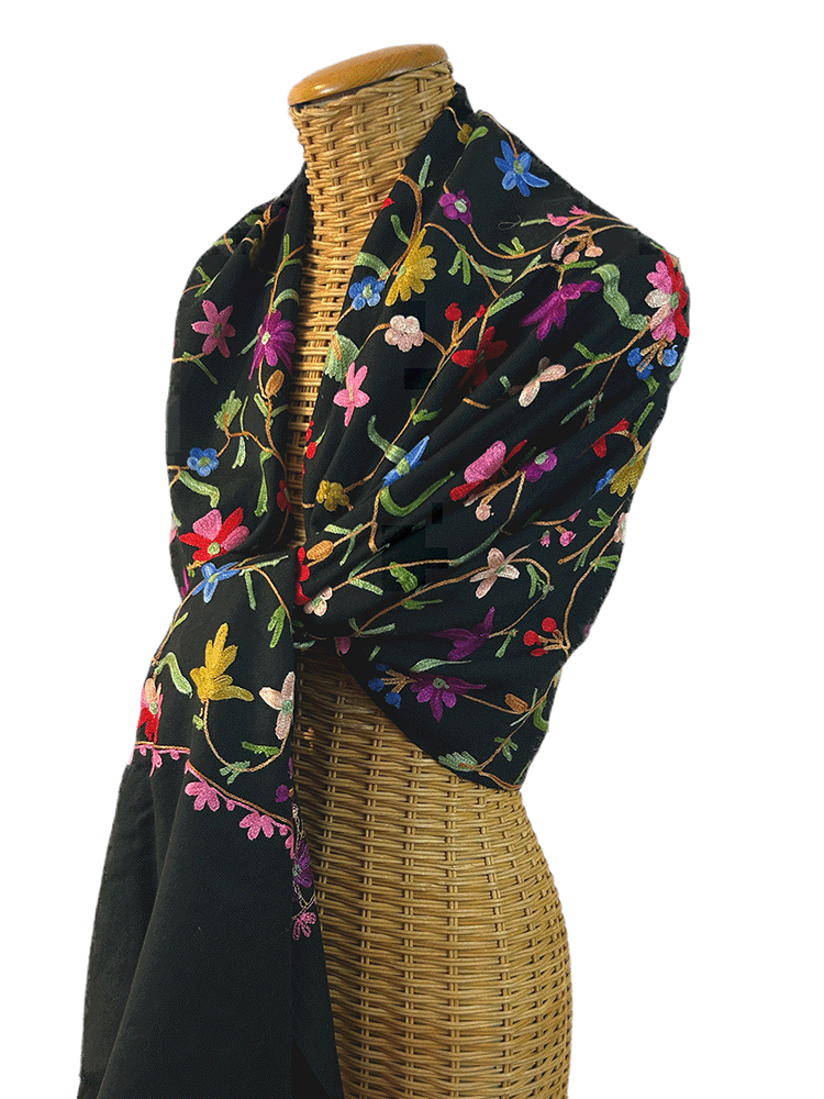 Black Floral Embroidered Australian Merino Wool Jaal Scarf — Pam's