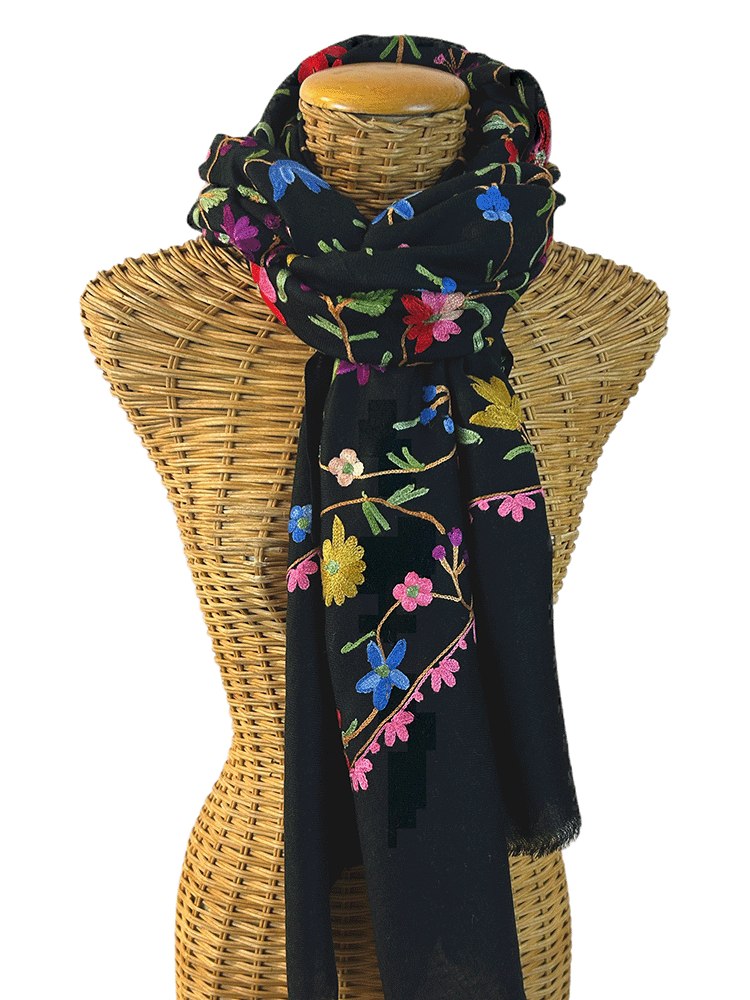 ミューラルmurral ice flower embroidery scarf Black Floral Embroidered Australian Merino Wool Jaal Scarf — Pam's