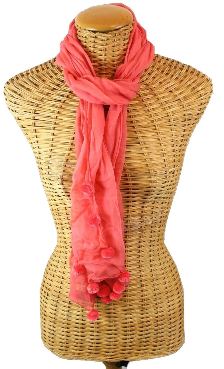 Coral Silk Pom Pom Scarf — Pam's Pashminas Exotic Scarves