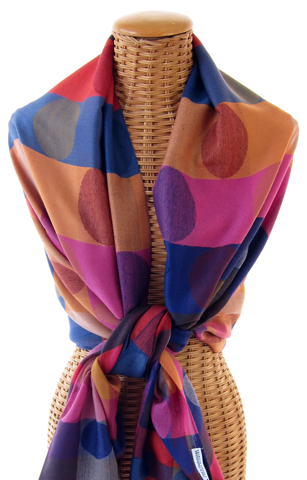 Double Sided Wool Silk Scarf in Brown, Burgundy, Red, Blue Paisley with Geometric Pattern