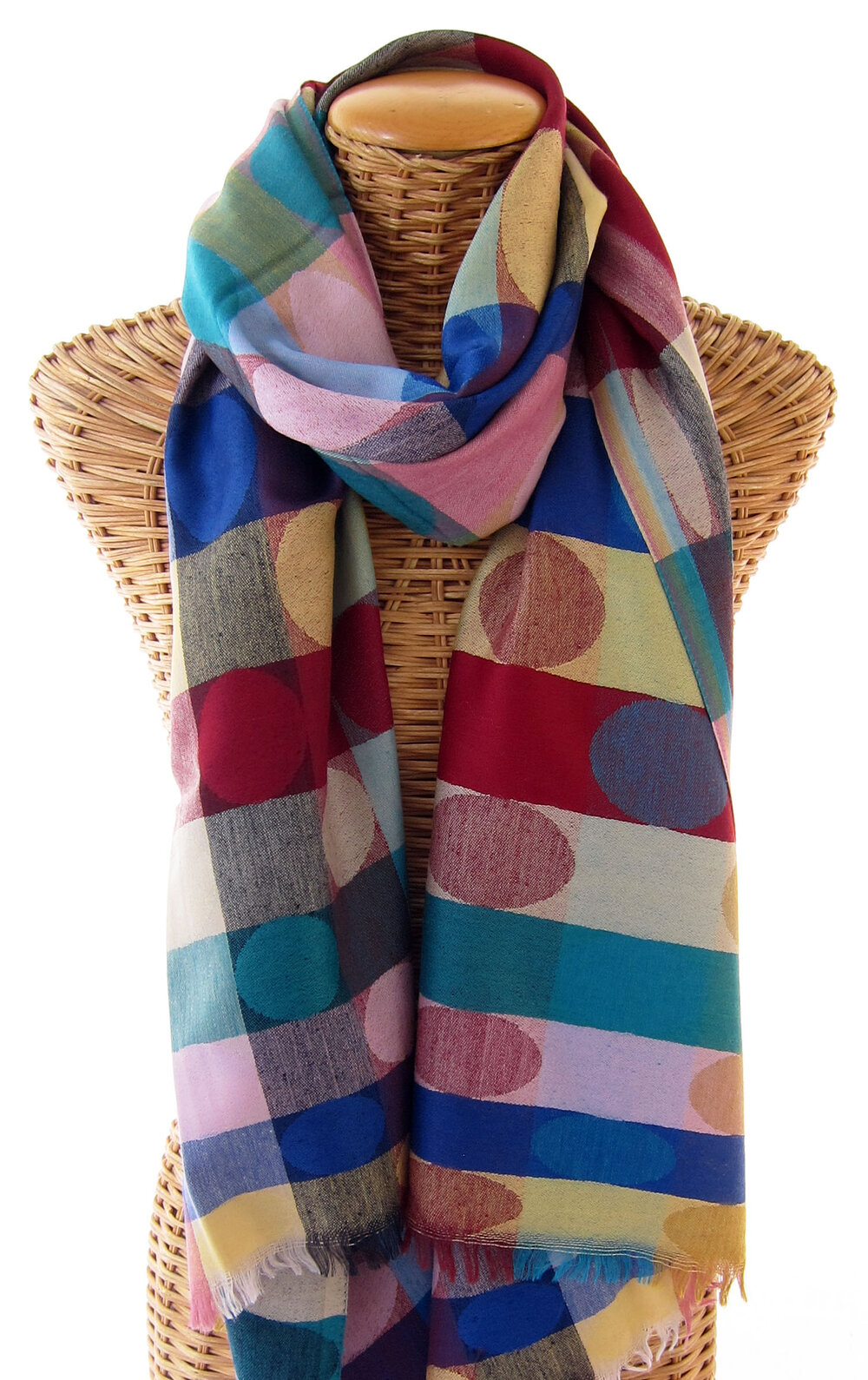 Double Sided Wool Silk Scarf in Burgundy, Blue, Mauve & Gold Yellow Paisley with Geometric Pattern