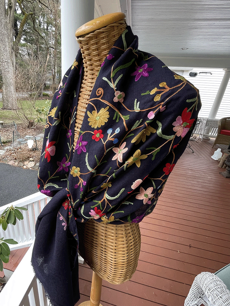 French Navy Floral Embroidered Australian Merino Wool Jaal Scarf