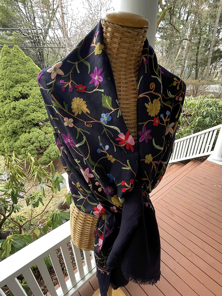 French Navy Floral Embroidered Australian Merino Wool Jaal Scarf