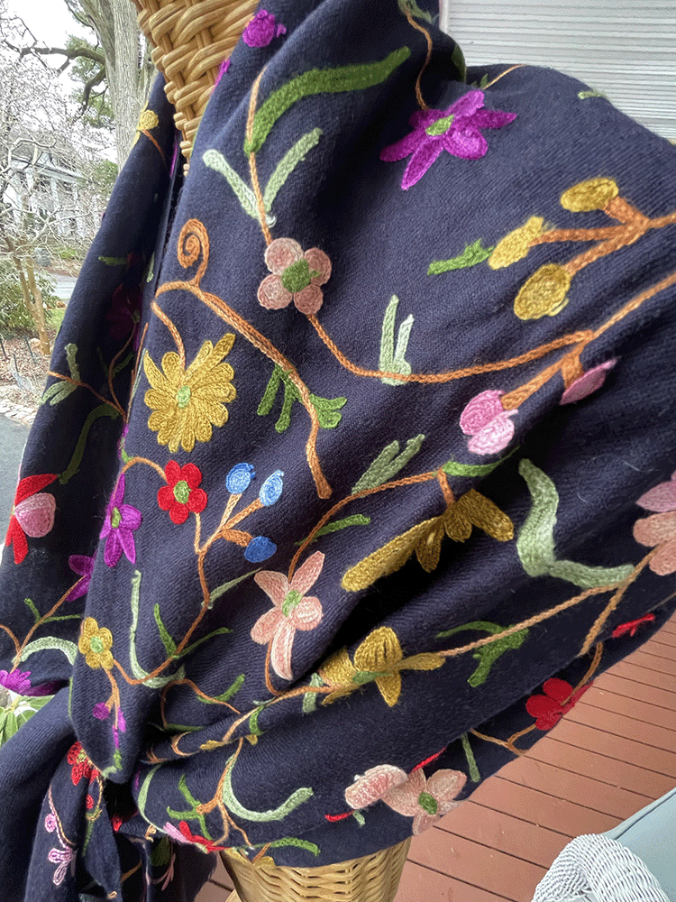 French Navy Floral Embroidered Australian Merino Wool Jaal Scarf
