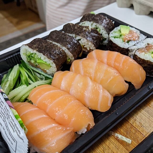 When you want to go the extra mile with making sushi at home during social distancing... Find old takeout sushi container and complete the look.  Very basic stuff so far, but practice makes perfect, gotta try some torched sushi next! 
#sushi #sushiti