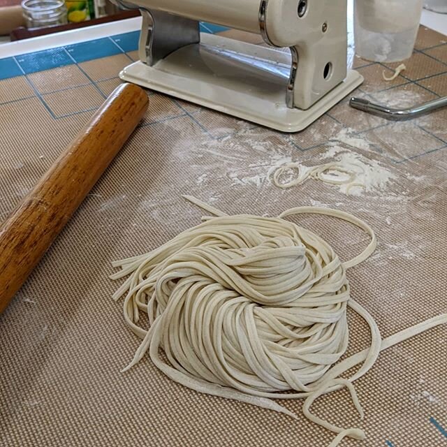 Homemade noods, levelled up with using a pasta roller, manage to get the right thinness I want! Experimented with hydration levels to get the right level of chewiness and softness!

#noodlesoup #noodles
