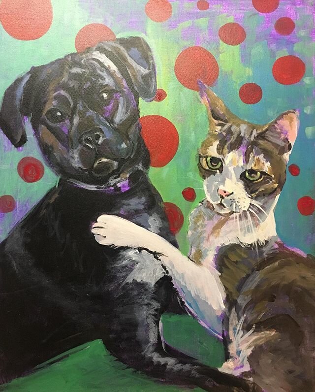 Sandy and Gene!! This one was super fun to paint, love those two! #petportrait #dogandcatfriends #acrylicpainting #dogportrait #catportrait #dogwalkerlife