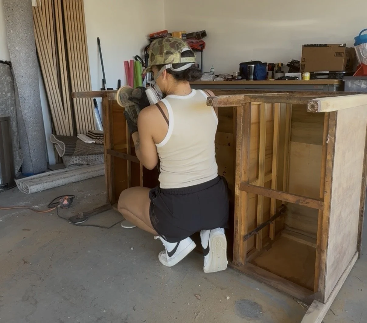 furniture flipping project in home garage workshop
