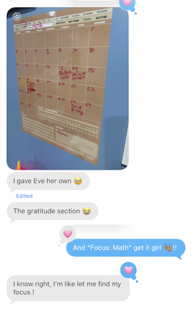 A digital calendar with handwritten notes and appointments, displayed on a wall or screen, with chat conversation overlay about giving Eve her own calendar and focusing on math.