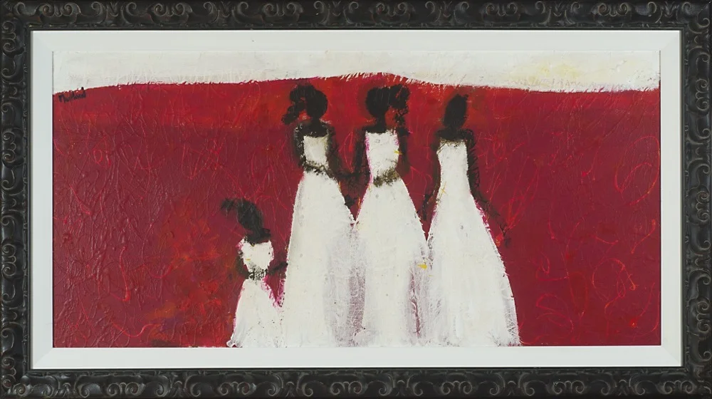 #13470 John Maitland Girls in White on Red 77cm x 139cm