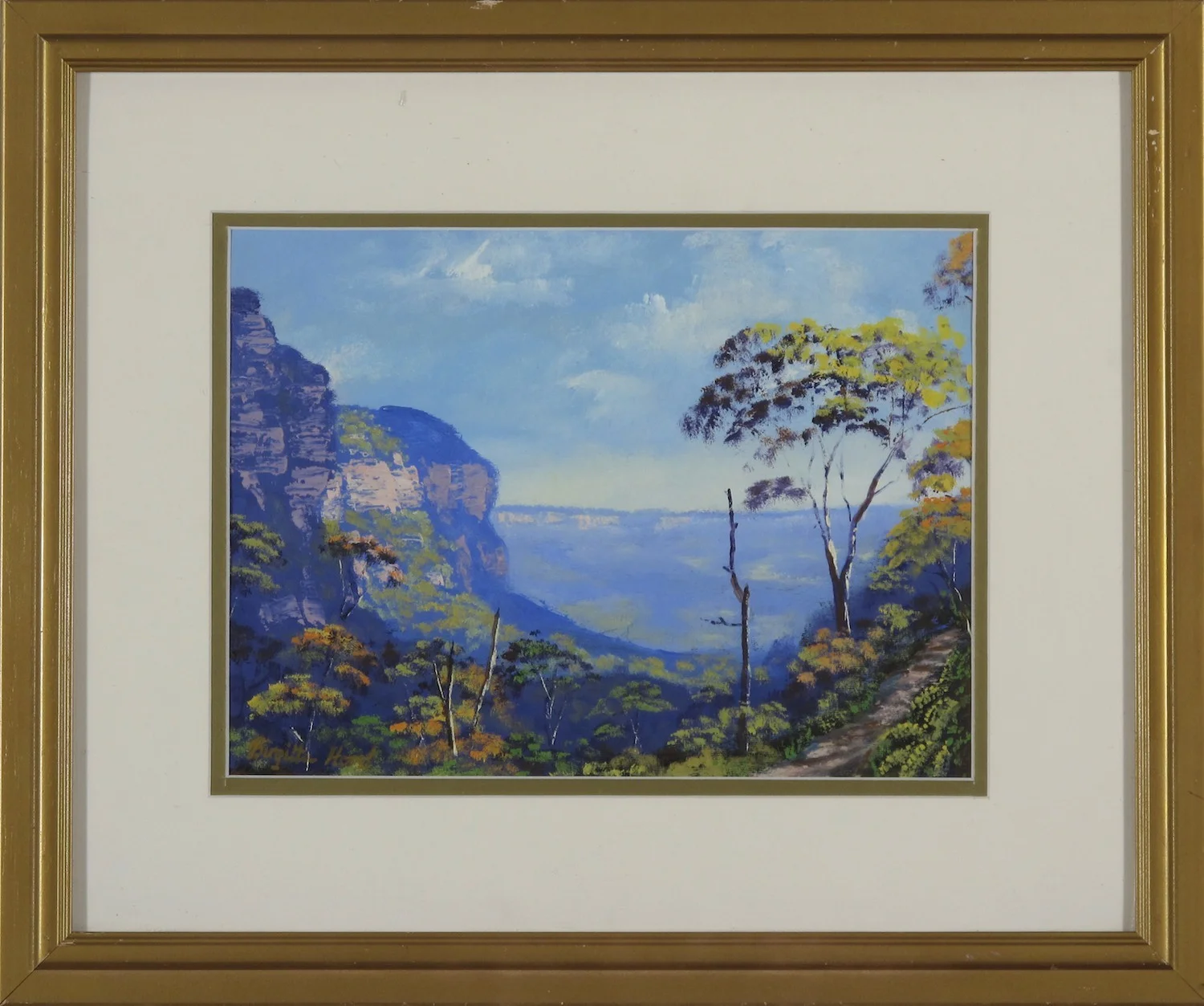 #9182. Brigitta Horst. Path to the Valley of Waters. 41cm x 50cm. Was $680 Now $340 (framed is damaged)