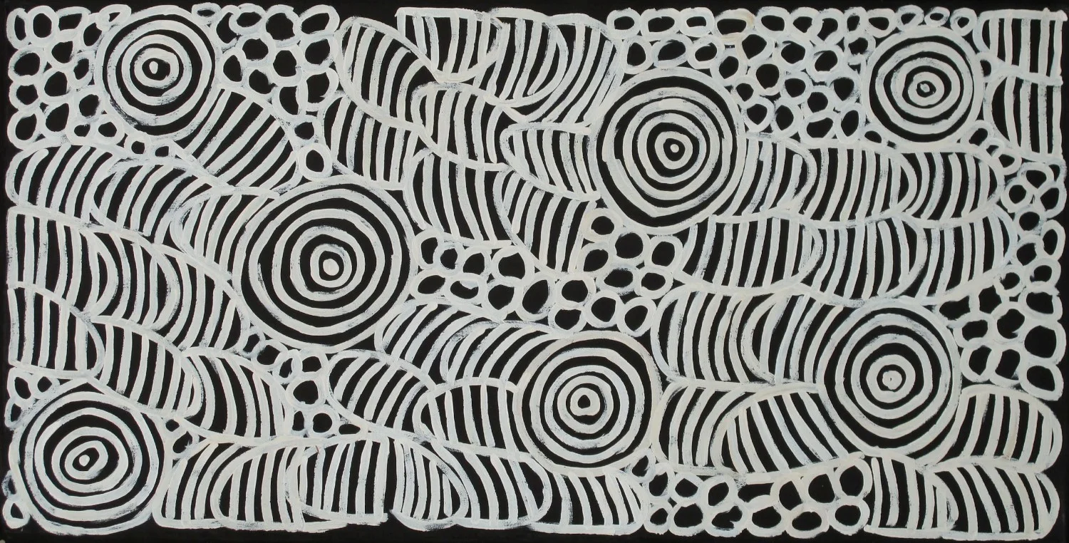 #10147. Betty Mbitjana. Bush Melon and Awelye. 60cm x 120cm. Was $2800 Now $1680