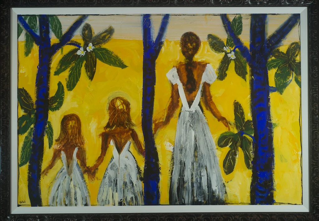 English born Australian based artist John Maitland creates his work outside, deliberately exposing the works to the harsh elements of Australian weather. This work shows us three female figures facing away from the viewer on a glowing yellow background. In the painting three blue tree trunks, serve as a framing device and also echo the figures in-between them.