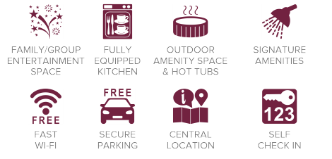Amenity icons showing features of luxury serviced apartments in Chester, including private hot tubs, family and group space, free parking and central location.