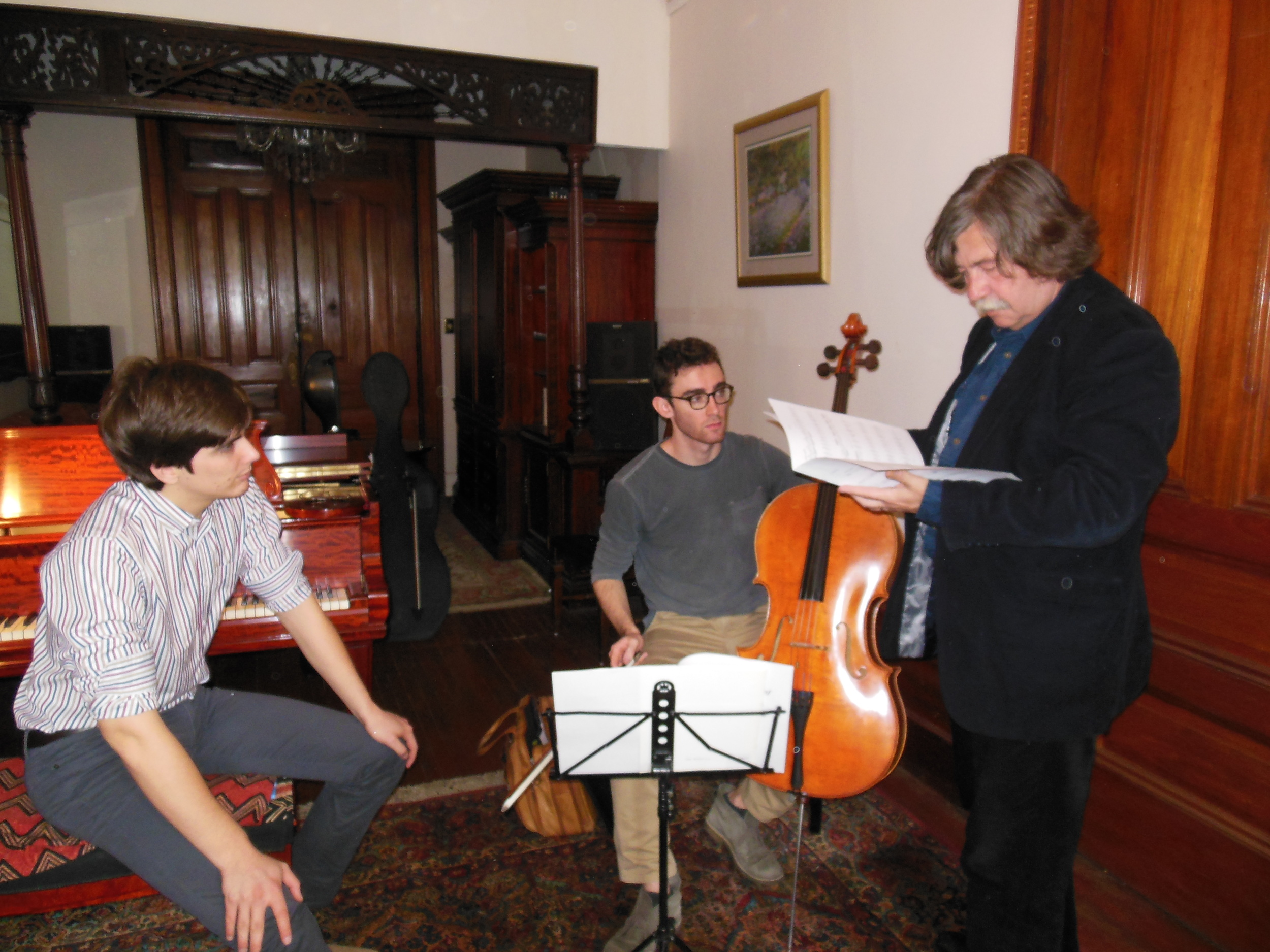  Nathaniel LaNasa (left) and Colin Stokes (center) rehearse with the great composer Vladimír Godár prior to the event. Photo: Katarina Godár 