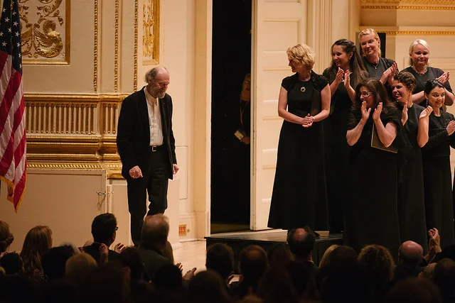 Arvo Pärt is welcomed on stage following the final performance of the evening. Photo: Eleri Ever.