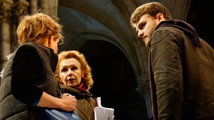 Kaija Saariaho, center, in discussion with Pauline Squelbut (scenographer and stage manager), left, and Aleksi Barrière (stage director), right. Courtesy Isabelle Barrière.