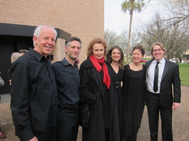 The performers of Sombre . Left to right: Paul Ellison (string bass), Matthew Strauss (percussion), Kaija Saariaho (composer), Camilla Hoitenga (flute), Bridget Kibbey (harp), and Daniel Belcher (baritone). Courtesy Camilla Hoitenga.