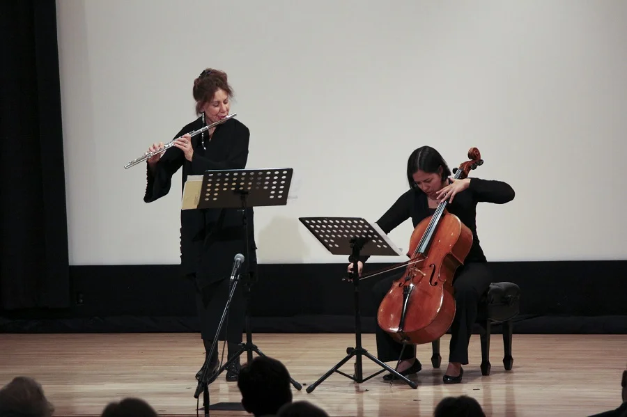 Flutist Camilla Hoitenga and cellist Hannah Collins perform Mirrors.