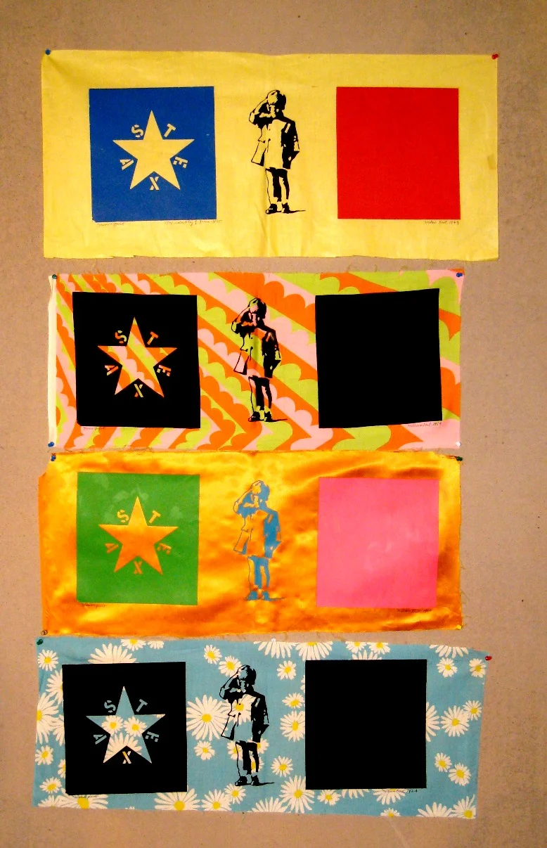 JFK, Jr. gives the salute at his father’s funeral, trapped on a Texas flag. Kent printed the image on a heartbreaking fabric with baby-blue and daffodils.