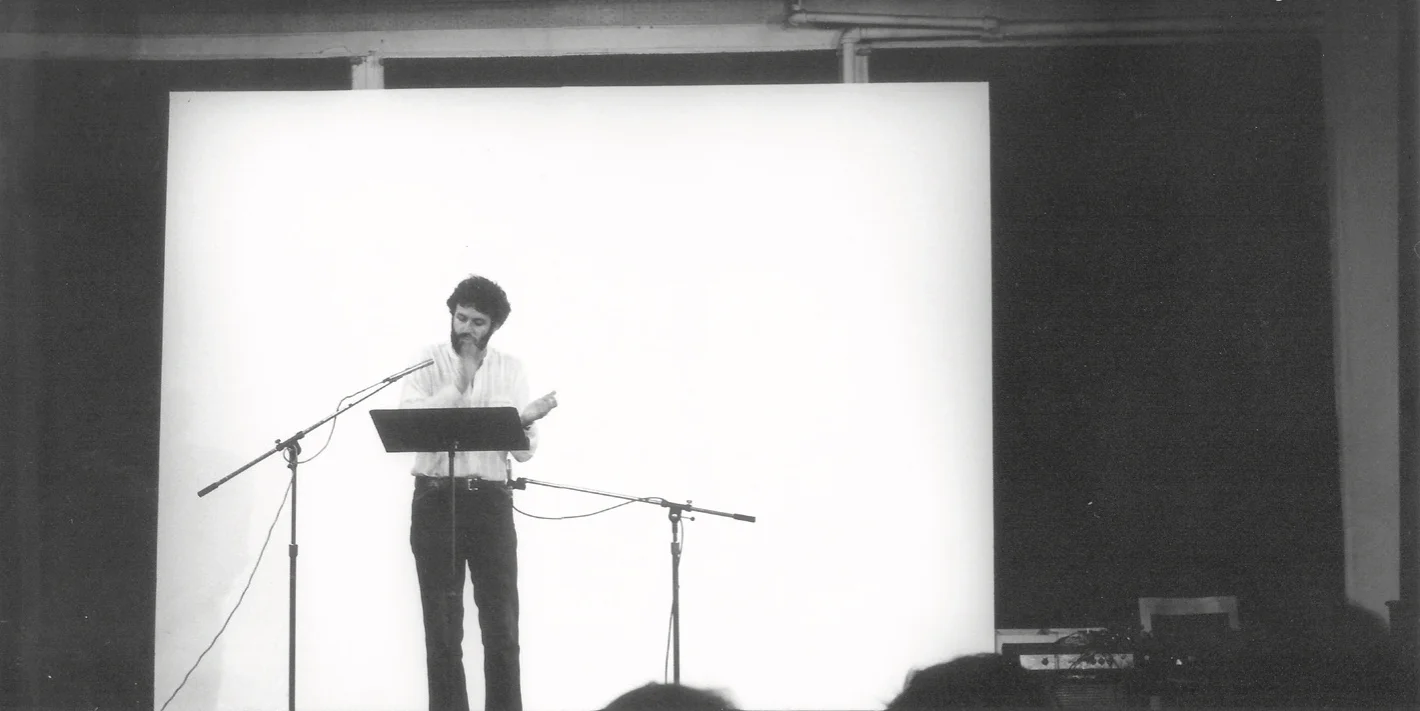 Charles Amirkhanian performing "Dutiful Ducks" at The Kitchen, New York, during the inaugural "New Music America" Festival, June 10, 1979 Image credit: Shigeo Anzai