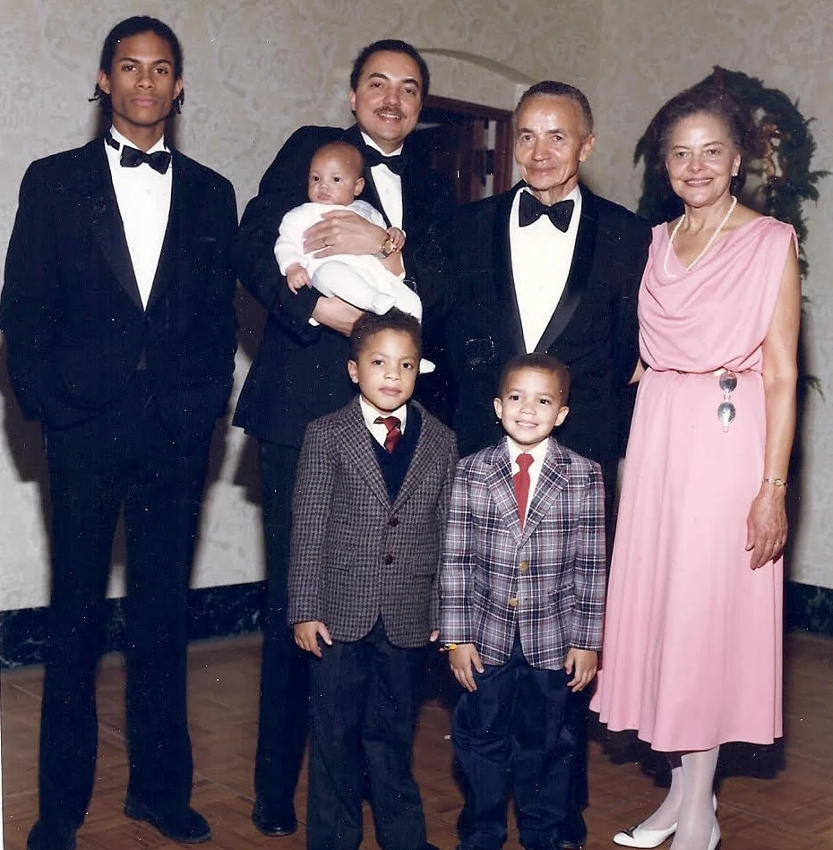 Mark Turner with family, 1988. Lewis and Violet Jackson are pictured right. The family is gathered in San Francisco for Lewis and Violet's fiftieth wedding anniversary. Courtesy of Mark Turner.