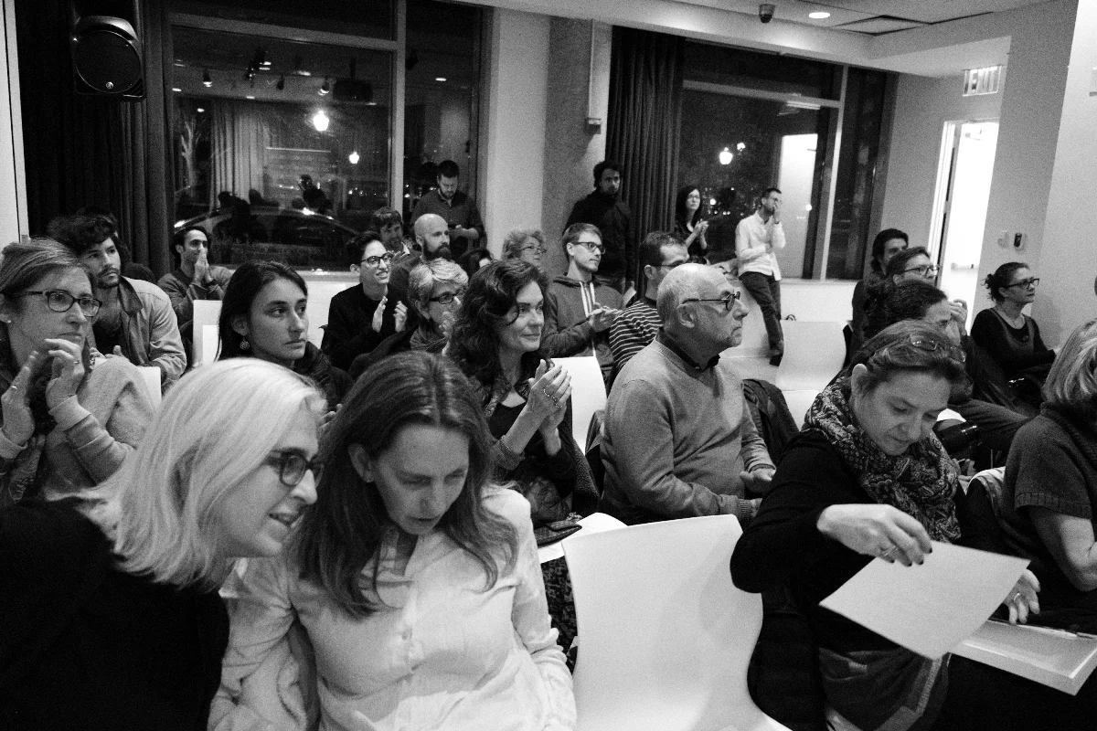 The crowd gathering at Poets House NYC