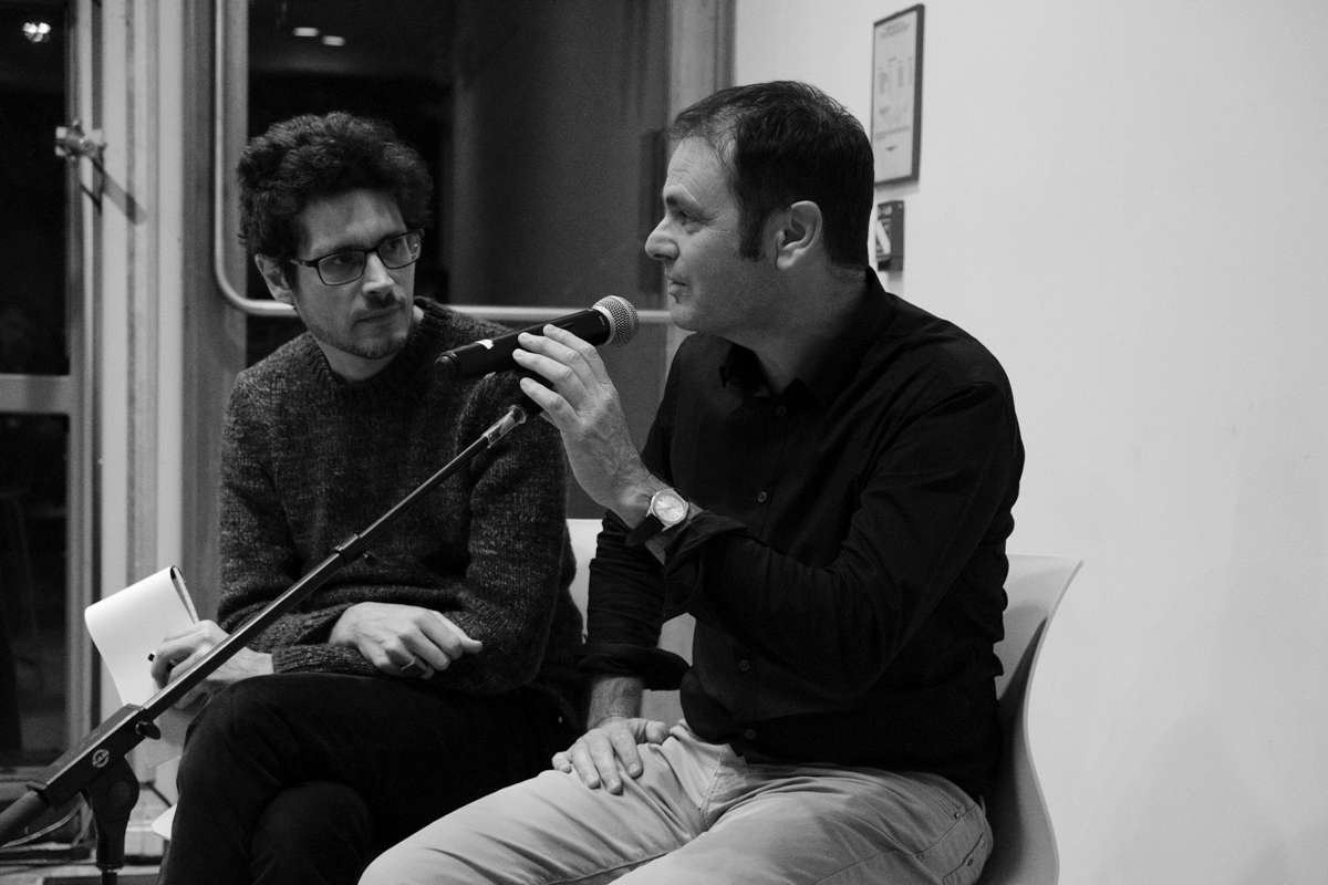 Éric Chevillard (right) and his interpreter for the evening, Nicholas Elliott