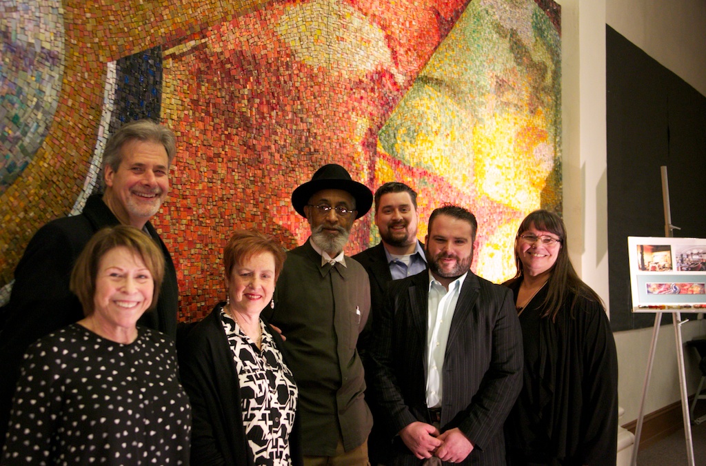 The team that lead the efforts of many volunteers and donors to preserve this great mosaic! From left: Nancy Frank, MSoP; Stephen Miotto, fabricator; Wendy Shapiro, Interim Principal, CAPA; Richard Watson, Artist; Daniel O'Brien, The City of Philadelphia; Jason Zahaczewski, Humphrey Construction Group; Carol Shelkin, President, MSoP
