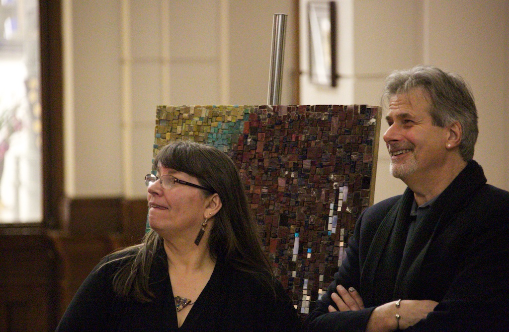 Admiring the mosaic! (Carol Shelkin, President, MSoP; Stephen Miotto, fabricator)