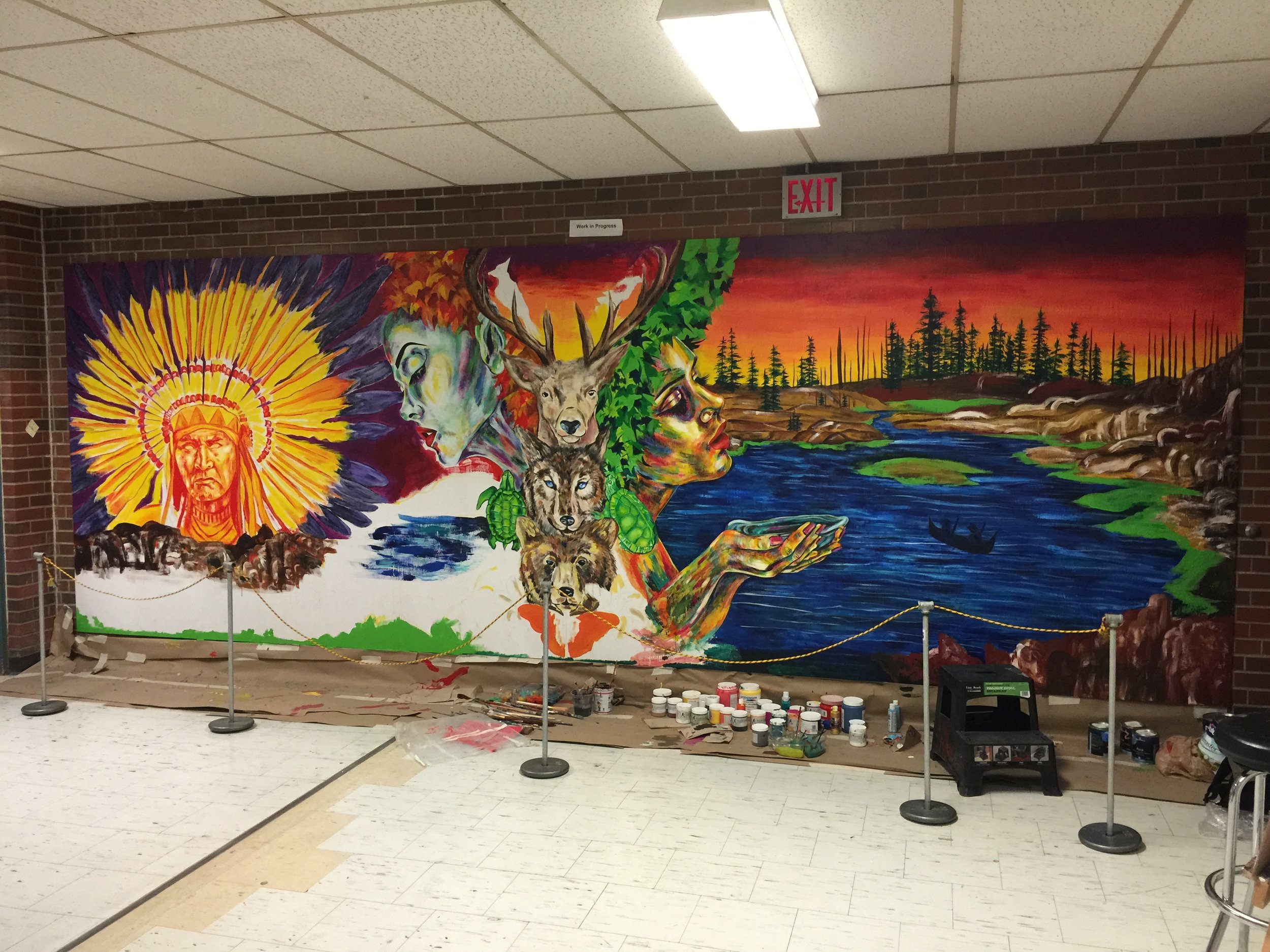 Jasmine Wemigwans, Special Series Visual &amp; Media Arts 2017 graduate, created a large mural for Wexford CSA which celebrates First Nations peoples and culture. 